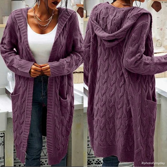 Luxe Cable Knit Long Sleeve Sweater Cardigan Open Front Pocket Hooded Hood - Picture 2 of 16